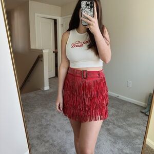 Blushing Brunette Red Rhinestone Fringe Skirt